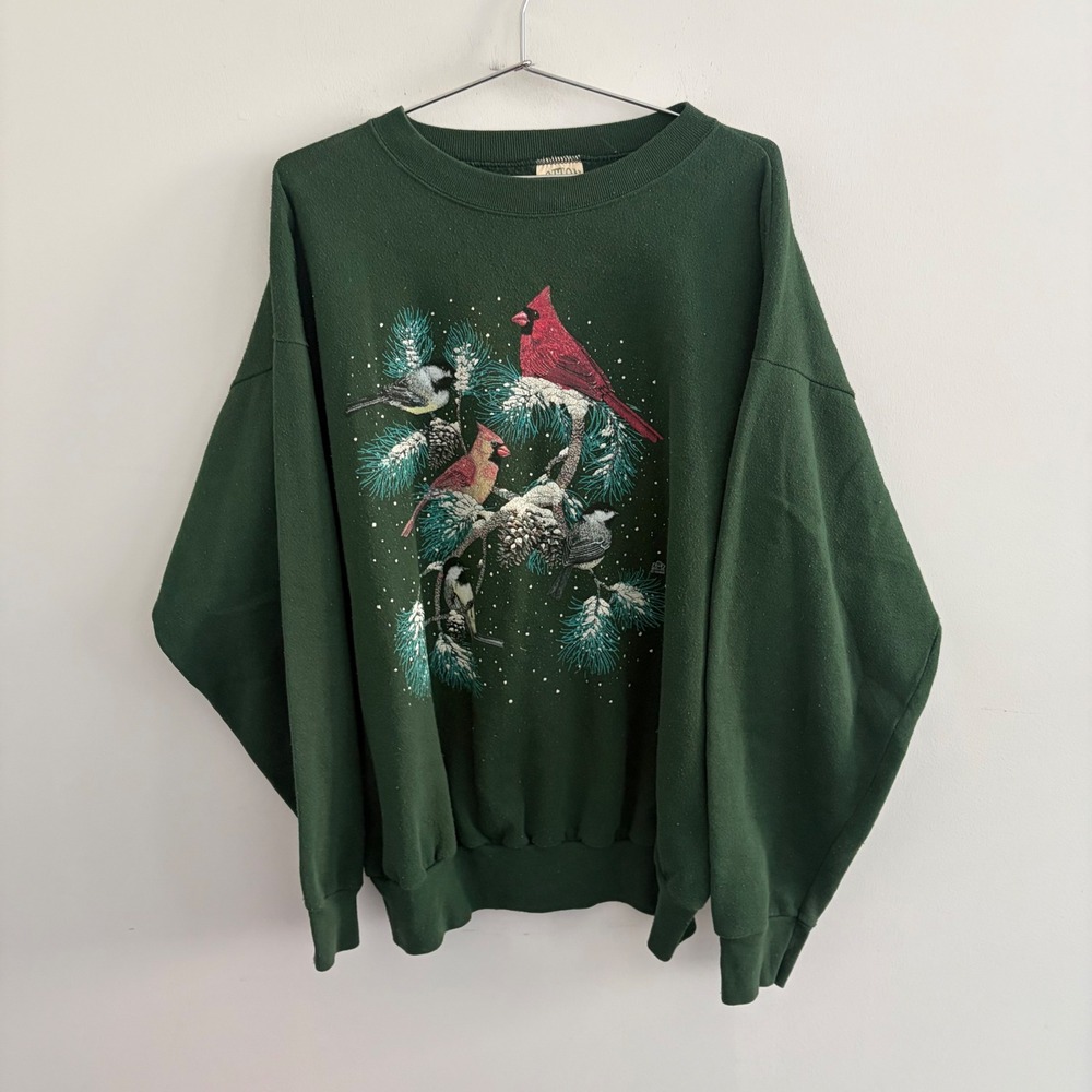 Vintage 90s Cotton Grove Designs Cardinal Bird Sweatshirt Green XL